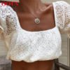 OOTN 2019 Cotton Bohe Women White Shirt Female Backless Summer Blouse Sexy Hollow Out Crop Top Embroidery Lace Puff Sleeve Top 3