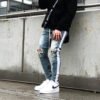 New trend men's biker jeans high street retro white strip knees big destruction hole made old slim side zipper jeans 3