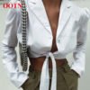 OOTN Female Summer Tops 2019 Streetwear Button Down Long Sleeve Belted Tunic Blouse Women White Shirt Sexy V Neck Wrap Crop Top 3