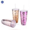 Food grade wholesale promotional custom insert 24oz double wall plastic drinking glitter tumbler cups with straw 3