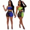 Women 2 Piece Set Clothing Mesh Two Piece Short Sets Rhinestone Jumpsuits For Women 3