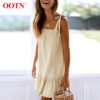 OOTN Loose Ruffle Lace Up Sundress Beach Sleeveless Khaki Linen Mini Dresses Ladies Casual Spaghetti Strap Women Dress Summer 3