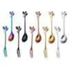 Elegent leaf cake fork and spoon, colorful small stainless steel cake fork spoon set 3