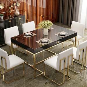 Customized Villa Kitchen Luxurious Modern French White Gloss Wood Top Titanium Golden Leg Dining Table Set 2