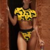Hot Sale High Waist Yellow Leopard Sport Print Two Pieces Bikini Shorter Sleeve Swimwear 3