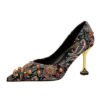 1728-1 Fashion women's shoes with high heel shallow mouth pointed flower cloth satin rhinestone metal decorative shoes 3