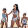 1 piece baby girl swimsuit printed high waisted women bikini children's ruffles mother daughter family swimwear 3