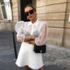 OOTN Fashion Pearl Button Transparent White Shirt Female Blusas See-through Long Sleeve Top Shirt Blouse Women Mesh Sheer Blouse 3