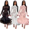MH9575 - women sexy mesh lace transparent ruffle tile dresses 3
