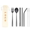 Restaurant korean stainless steel straws cutlery set with logo bag travel reusable silverware set black flatware 3