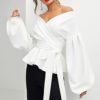 V neck Off the Shoulder sexy Blouses White lantern Sleeve Shirts Women Sexy Tops Womens Clothing 3