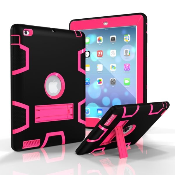 For iPad 2/3/4 PC+ Silicone Hit Color Armor Case Tri-proof Shockproof Dustproof Anti-fall Protective Cover Black + rose red 2