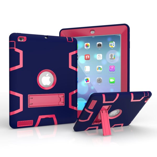 For iPad 2/3/4 PC+ Silicone Hit Color Armor Case Tri-proof Shockproof Dustproof Anti-fall Protective Cover Navy + Rose red 2