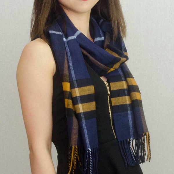 Woven Cashmere Feel Plaid Scarf Z39 Navy 2