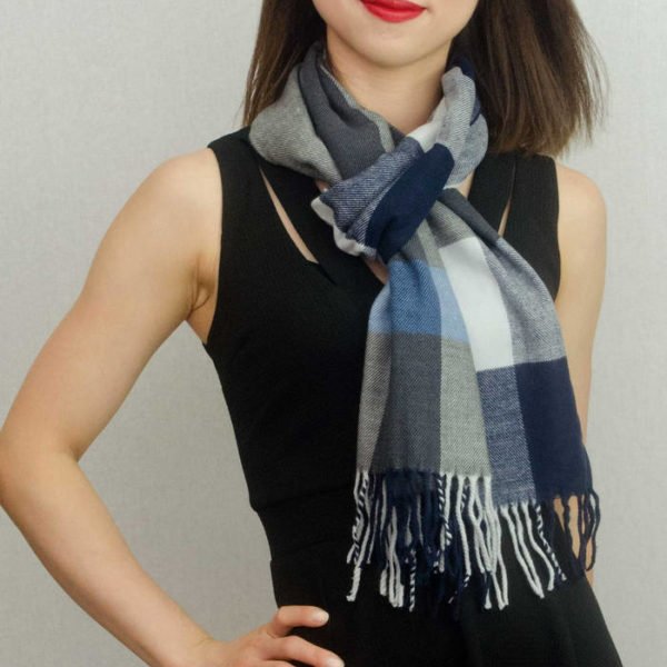 Woven Cashmere Feel Plaid Scarf Z39 Navy Blue 2