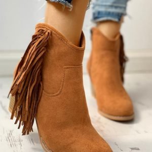 Solid Tassel Design Chunky Heeled Boots