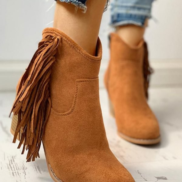 Solid Tassel Design Chunky Heeled Boots 2