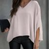 Solid V-neck Batwing Sleeve Blouse 3