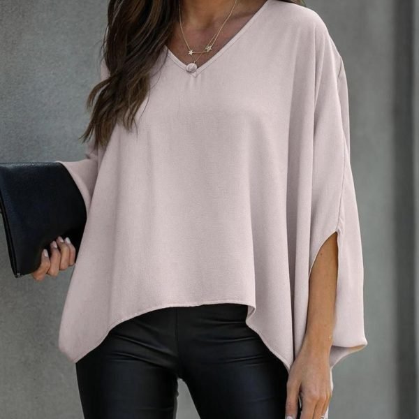 Solid V-neck Batwing Sleeve Blouse 2
