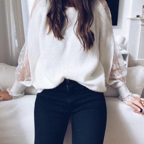 Round Neck Lace Sleeve Knit Top 2