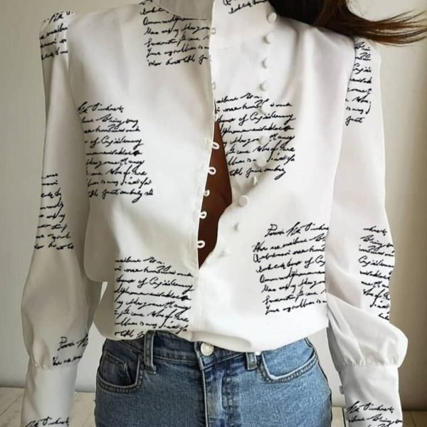 Stand Neck Letter Print Buttoned Shirt 2