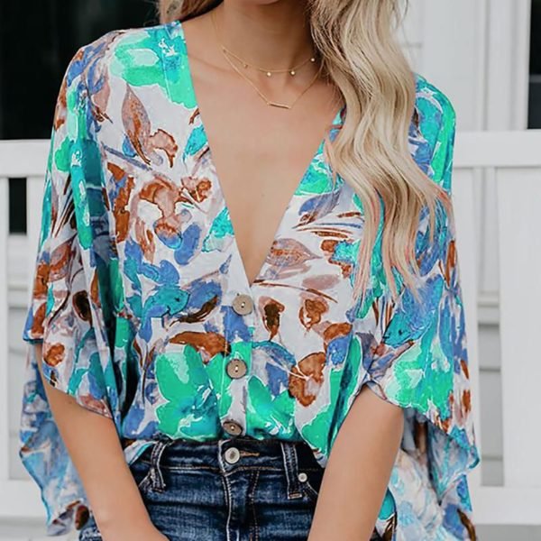 Tropical Print Batwing Sleeve Casual Blouse 2