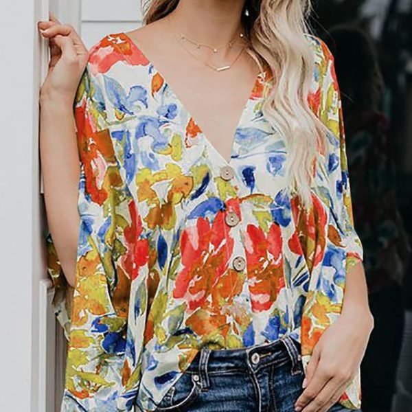 Tropical Print Batwing Sleeve Casual Blouse 2