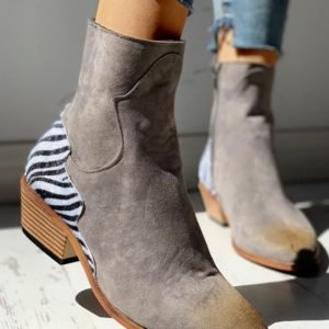 Pointed Toe Zipper Zebra Print Chunky Heeled Boots