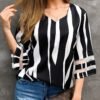 Striped V-Neck Bell Sleeve Casual Blouse 3