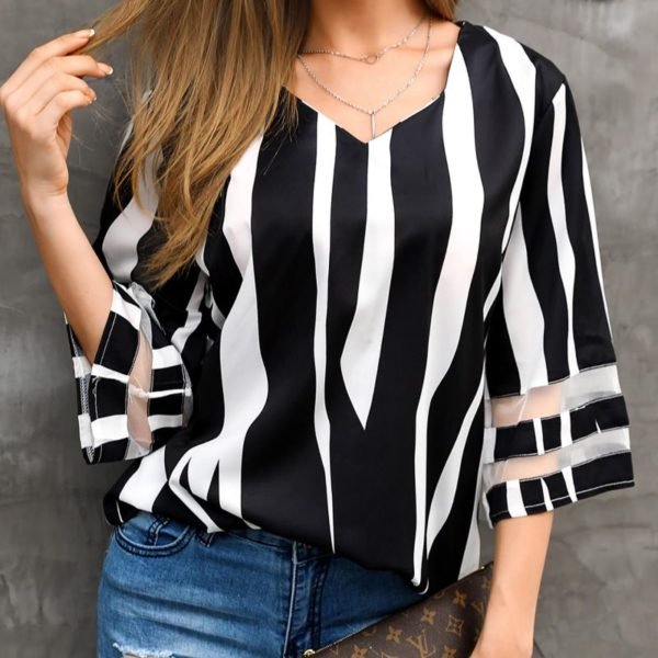 Striped V-Neck Bell Sleeve Casual Blouse 2