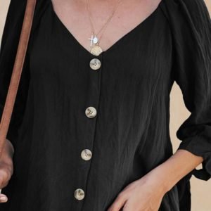 V Neck Single Button Knotted Casual Blouse