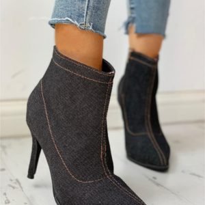 Solid Pointed Toe Zipper Denim Thin Heeled Boots