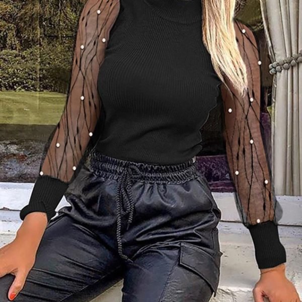 Solid Mesh Patchwork See Through Beaded Detail Blouse 2