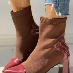 PU Pointed Toe Patchwork Knitted Chunky Heeled Boots