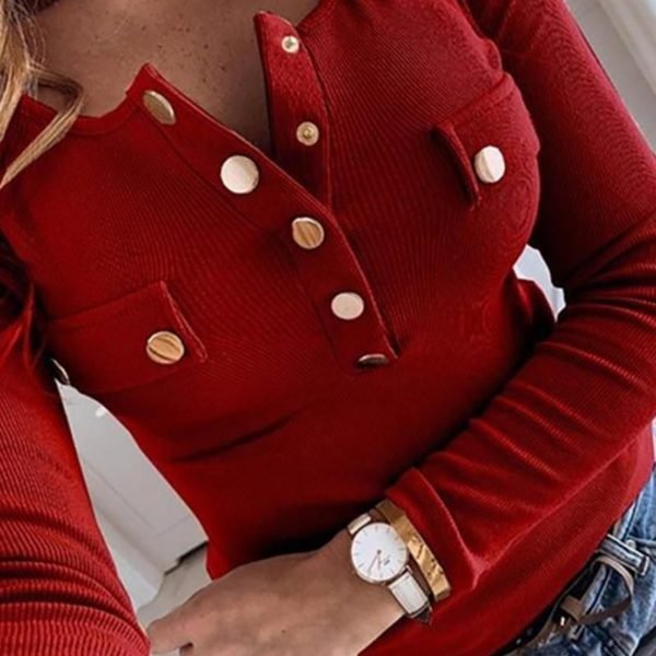 Buttoned Ribbed Long Sleeve Blouse 2