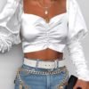 Square Neck Puff Sleeve Ruched Buttoned Crop Blouse 3
