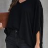 Solid V-neck Batwing Sleeve Blouse 3