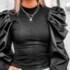 Solid Mock Neck Puff Sleeve Ribbed Blouse 3