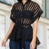 Striped See Through Buttoned Tied Waist Shirt 3