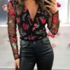 Mesh Floral Embroidery Plunge Blouse 3