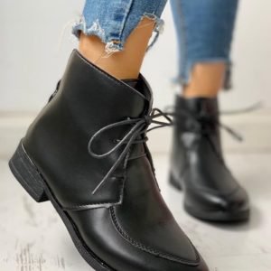 Pointed Toe PU Lace-Up Chunky Heeled Boots