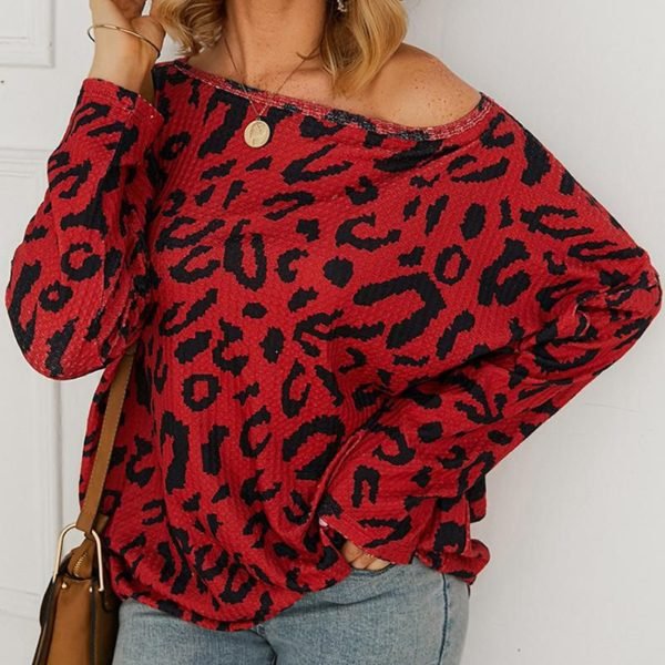 Skew Neck Abstract Leopard Print Long Sleeve Blouse 2