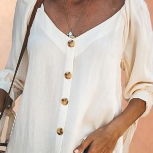 V Neck Single Button Knotted Casual Blouse