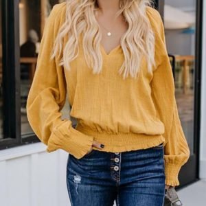 V-Neck Frill Hem Shirring Casual Top