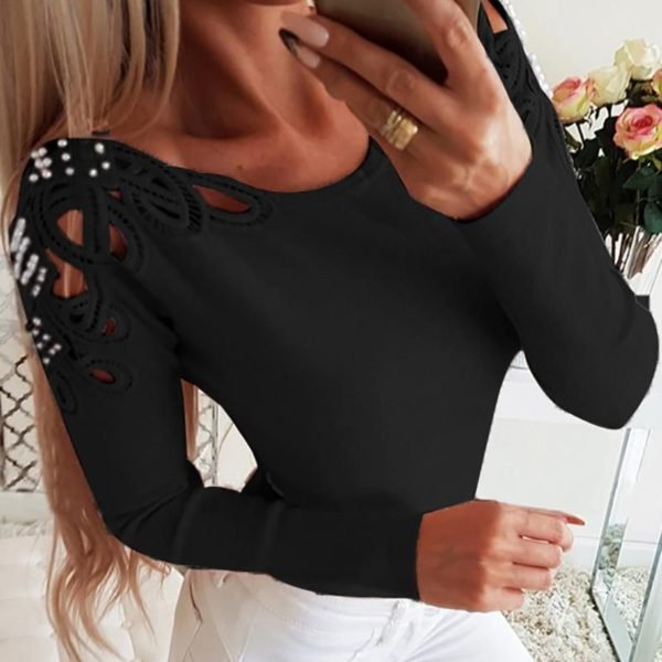Beaded Hollow Out Ribbed Blouse 2