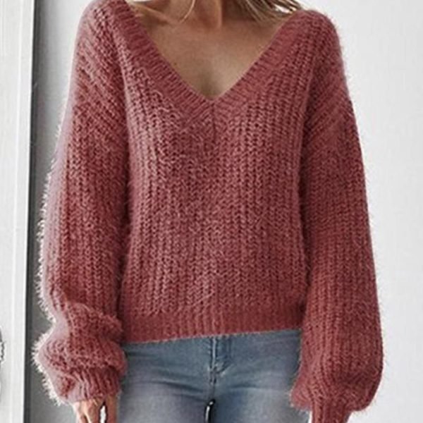 Casual V-Neck Leak Back Loosen Long Sleeve Knitted Sweater Pullover Top Blouse 2