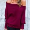 Solid Skew Neck Batwing Sleeve Knitted Blouse 3