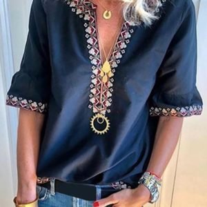 V Neck Ethnic Print Casual Blouse
