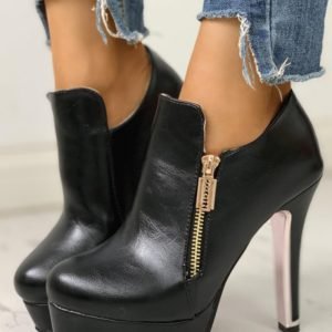 PU Zipper Platform Thin Heeled Boots
