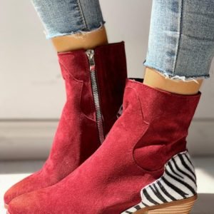 Pointed Toe Zipper Zebra Print Chunky Heeled Boots